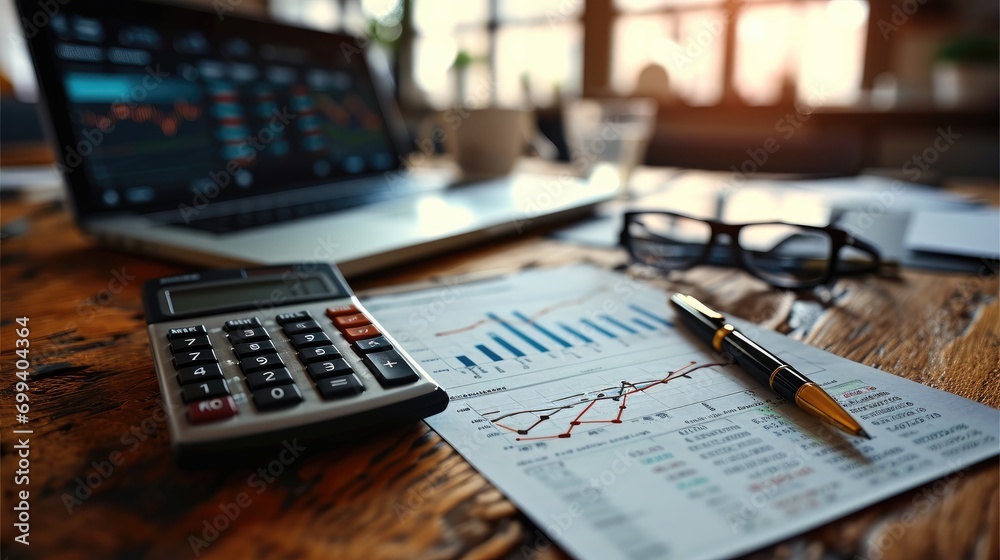 Finance, Trading chart on paper with pen and calculator on wood desk. Generative AI. Finance, Trading chart on paper with pen and calculator on wood desk. Generative AI.