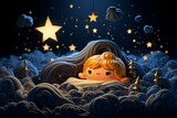 Sleepy Cartoon Cloud with a Moon and Stars, on an isolated Midnight Navy background, Generative AI