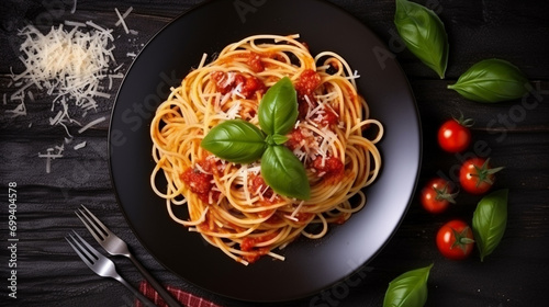 Tasty appetizing classic italian spaghetti pasta with tomato sauce, cheese parmesan. Generative AI
