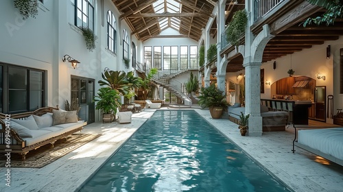 A swimming pool in the center of house with rooms around the pool. Generative AI. photo