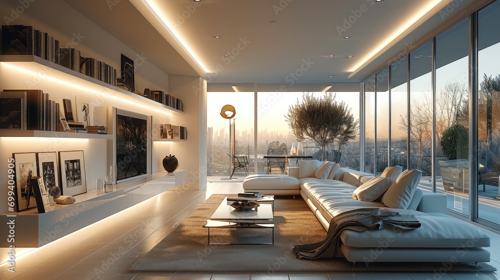 Smart lighting in a modern living room. Generative AI.
