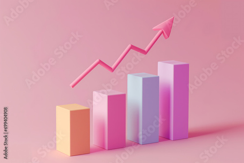 3D Bar graph chart showing growth with arrow