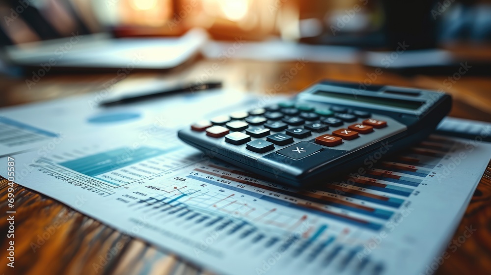 Financial graphs, Metrics, Reports on table with calculator. Generative AI. Financial graphs, Metrics, Reports on table with calculator. Generative AI.