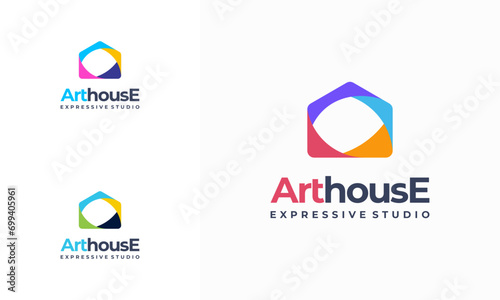art gallery house logo. Art museum or artist school concept logo with abstract geometric shape house in multicolor design. colorful house artwork logo icon.