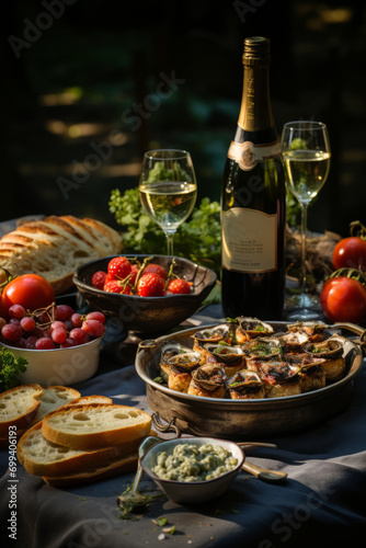 Picnic spread with canned smoked oysters, pâté, and wine, Generative AI