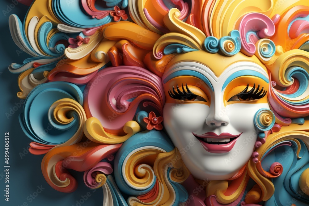 Joyful Carnival Mask, on an isolated Rainbow background, Generative AI