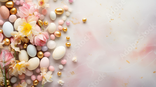 Easter background with candy eggs, jellybeans, pink and pastel colors, flowers with room for text on pink marble