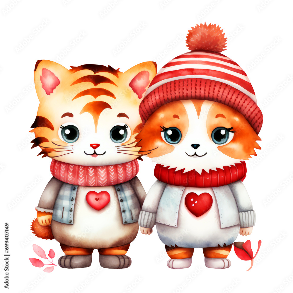 Watercolor Tiger Animal Couple Clipart Transparent Background, Valentine's day Animals Clipart, Romantic Couple Animal Clipart, Animal in Love
