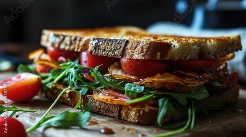 Close up healthy sandwich in black background. Generative AI.