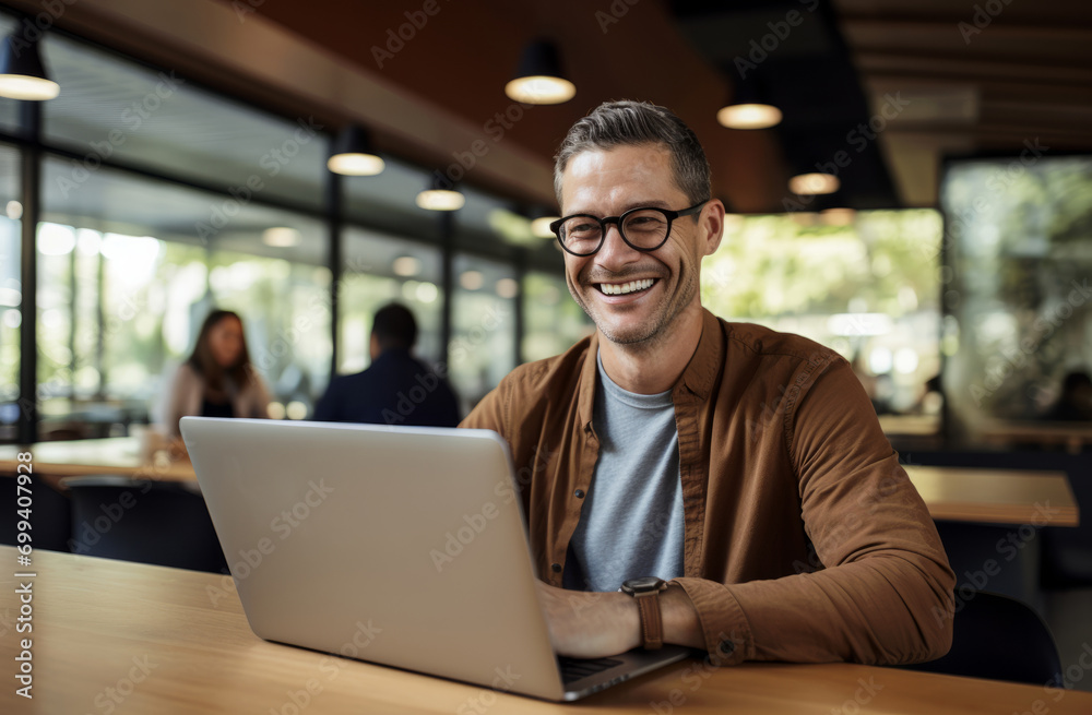 Radiant Entrepreneur Enjoying Work on a laptop at a Sunny Modern Café Radiant Entrepreneur Enjoying Work on a laptop at a Sunny Modern Café
