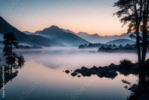 A tranquil lakeside scene at dawn, with mist rising from the water and the silhouette of distant mountains against a soft, pastel-colored sky