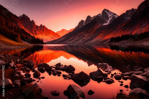 Majestic mountains reflected in the calm waters of a tranquil lake as the sun sets, painting the sky in warm hues of orange and pink