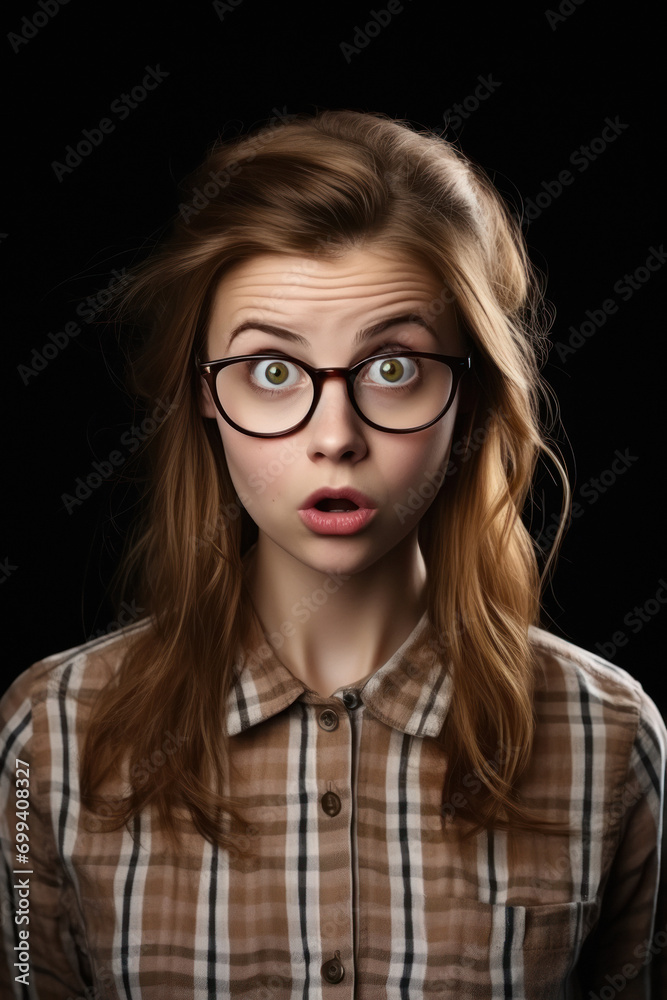 young female college student shocked and wearing eyeglasses
