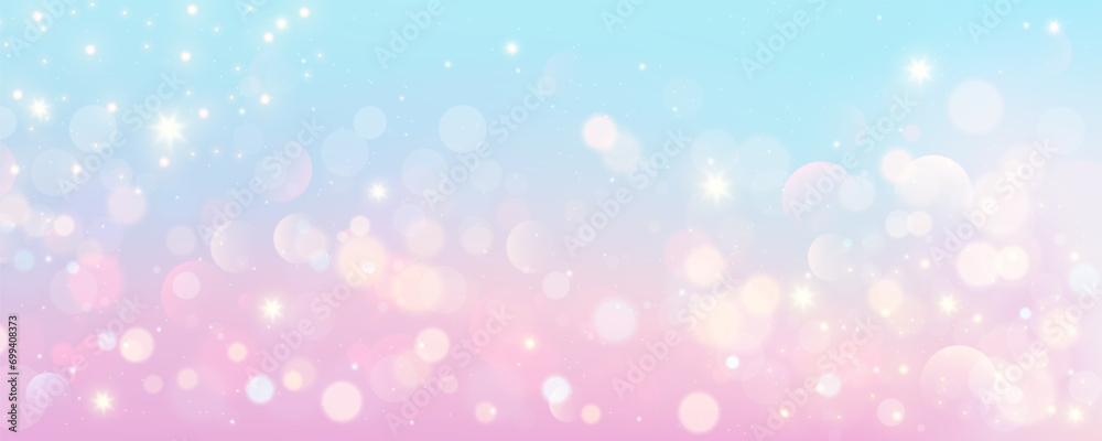 Bokeh sky background. Light pink pastel galaxy abstract wallpaper with glitter stars. Fantasy space with sparkles. Vector