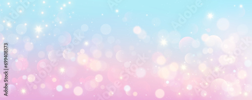 Bokeh sky background. Light pink pastel galaxy abstract wallpaper with glitter stars. Fantasy space with sparkles. Vector