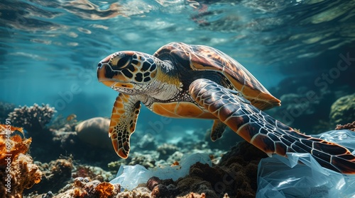 A sea turtle is surrounded by plastic bags under the sea. Generative AI.
