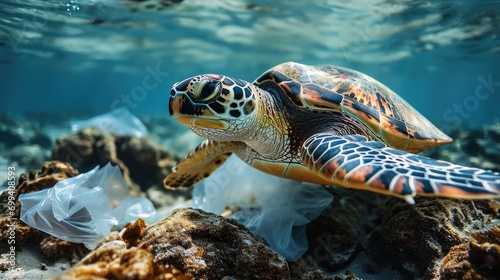 A sea turtle is surrounded by plastic bags under the sea. Generative AI. photo