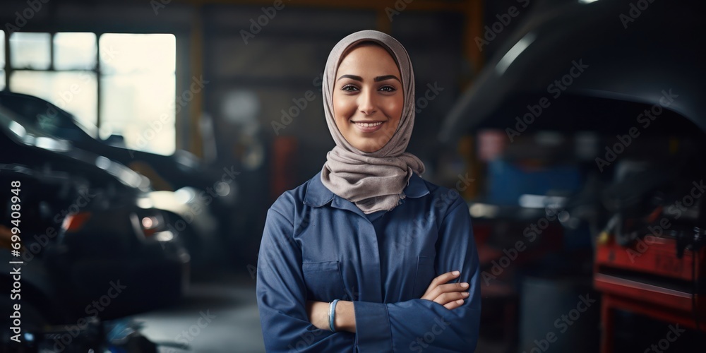 Arabic Female Mechanic Profession Employment Good Looking Backdrop Generative AI Arabic Female Mechanic Profession Employment Good Looking Backdrop Generative AI