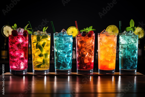 Beautiful row line of different colored cocktails © STOCKAI