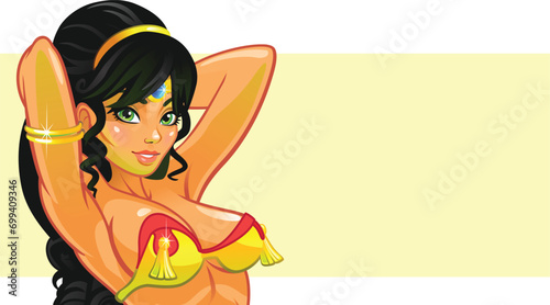 Oriental girl, against the background of a banner. Beautiful face. Vector drawing.