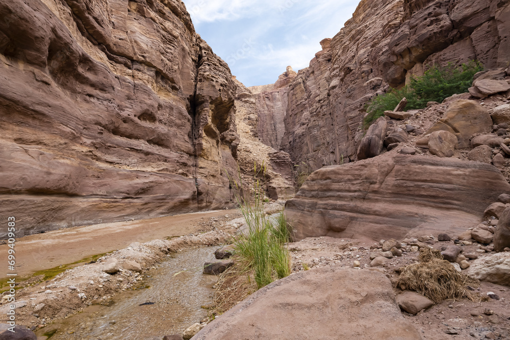 A shallow  stream flows along Wadi Numeira hiking trail in Jordan