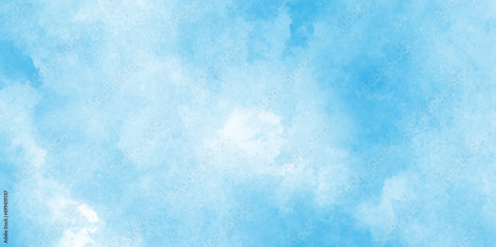 Beautiful and shinny cloudy blue watercolor background, sky blue shades light green paper texture, blurred and grainy Blue powder explosion on white background, Classic brush painted Blue sky. 