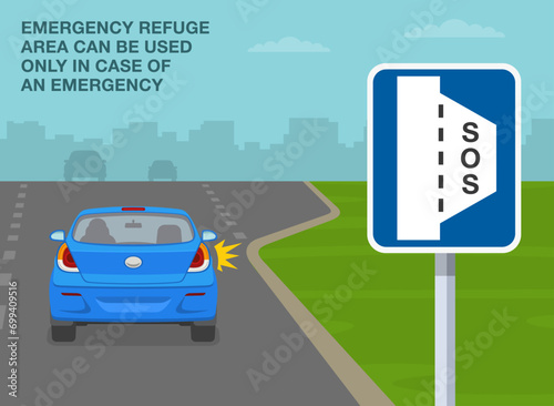 Safe driving tips and traffic regulation rules. Emergency lay-by  sign rule. Back view of a car on highway. Flat vector illustration template.