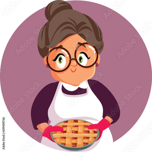 Happy Senior Home Cook with Apple Pie Vector Cartoon character. Skillful talented granny making a fruit tart at home 
