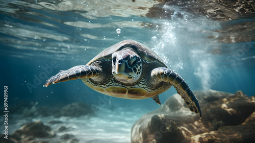 Portrait of a sea turtle swimming underwater