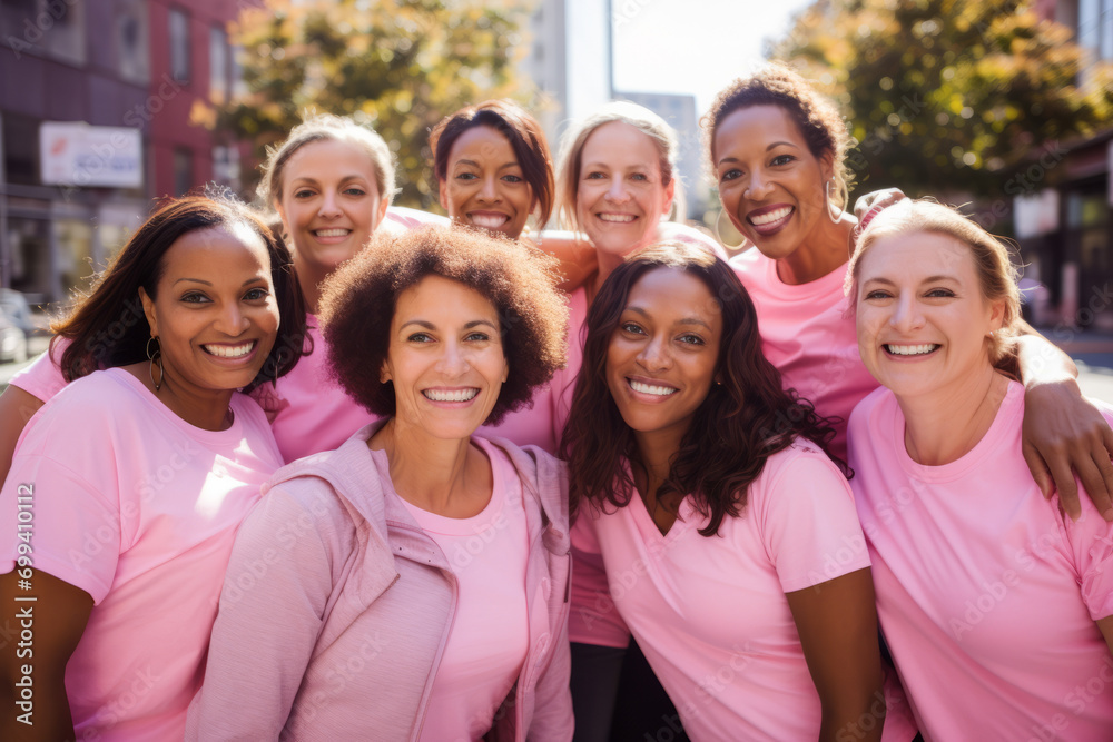 Obraz premium Group portrait of breast cancer awareness advocates wearing pink clothes