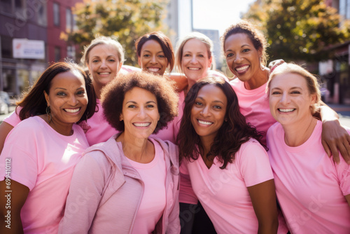 Group portrait of breast cancer awareness advocates wearing pink clothes