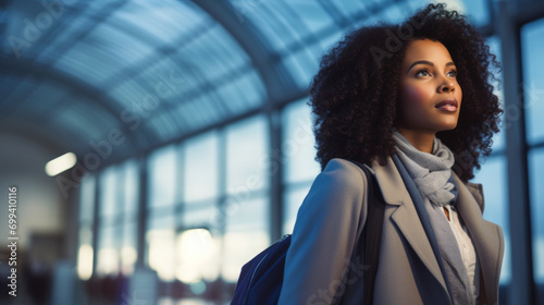 Black afro American businesswoman on business trip in a transportation hub such as an airport showcasing resilience and adaptability, the woman dedication to her professional responsibilities