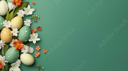Top down easter background with colorful painted eggs and spring flowers and copy space on isolated green color