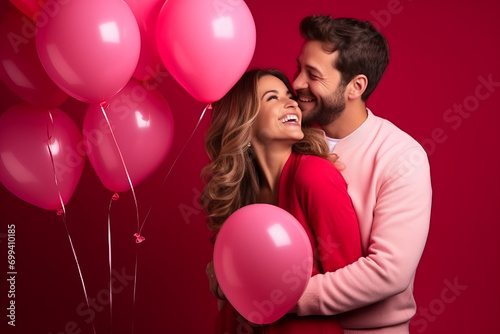 Happy couple in love celebrating valentine's day with balloons and dark pink background