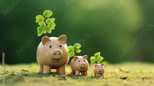 Environmental investment and eco savings success concept with pink piggy banks with growth of plant on green background and copy space