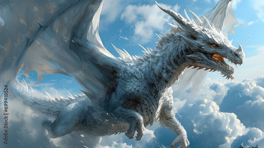 Majestic white dragon flying through the sky. Generative AI. Stock ...
