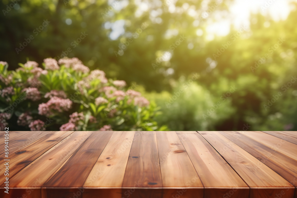 Wooden table on blurred garden background. Can be used for display your product Wooden table on blurred garden background. Can be used for display your product