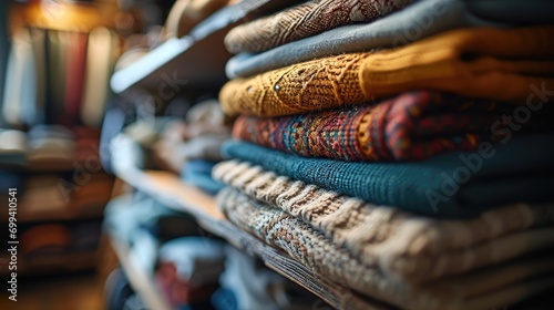 A stack of folded clothing on a closet shel. Generative AI. photo