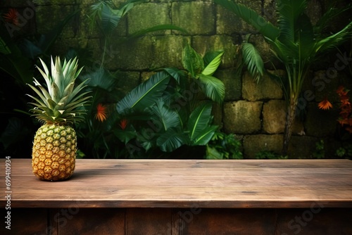 A table close stort in a Pineapple garden background copy space Generative AI photo