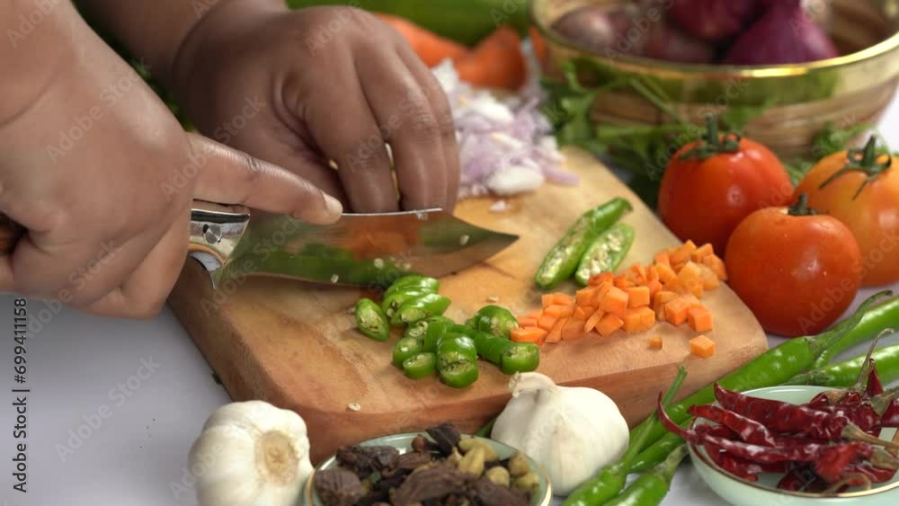 Woman cutting fresh chili on wooden board Woman cutting fresh chili on wooden board