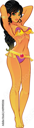 Sexy woman in a stage costume dancing belly dance. Scheherazade, oriental beauty. Vector illustration.