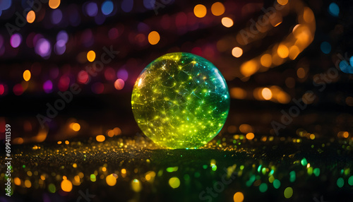 A green and yellow orb with lights.
