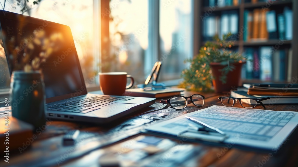 Accountant workplace, Calculator, Laptop computer and glasses at office desk. Generative AI.