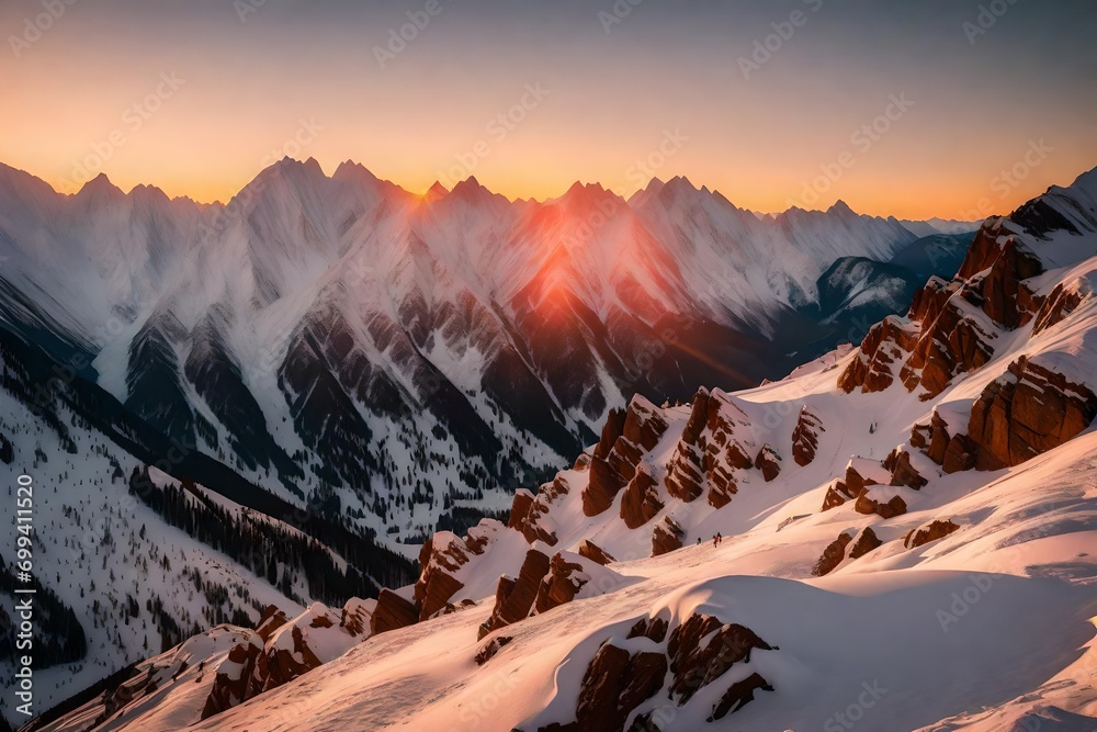 A panoramic view of a mountain range at sunset, with the last light of day casting a warm glow on the snow-covered peaks