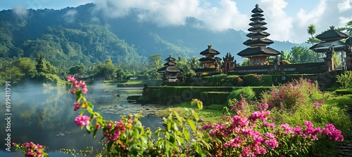 Balinese Hindu temple near the lake. Generative AI technology.	
 photo