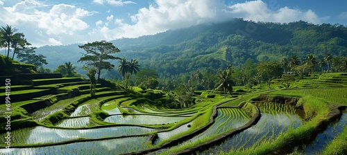 Rice field landscape background. Generative AI technology.	
 photo