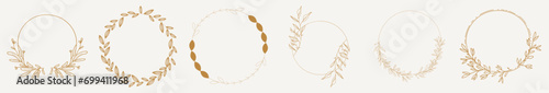 Vector set of golden hand drawn ink floral wreaths. A set of decorative circular floral frames.