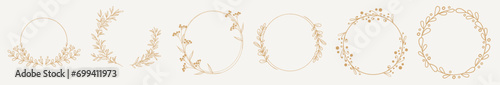 Vector set of golden hand drawn ink floral wreaths. A set of decorative circular floral frames.