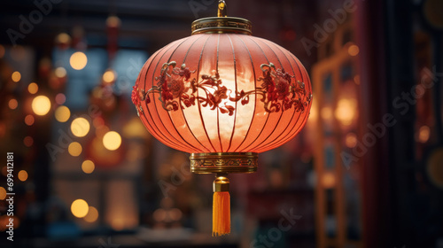 Close-up of a traditional red Chinese lantern with intricate designs, illuminated against a bokeh background at night.