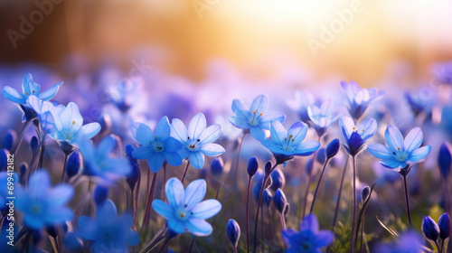 Peaceful scene of blue hepatica flowers flourishing in the golden light of a setting sun, symbolizing tranquility.
